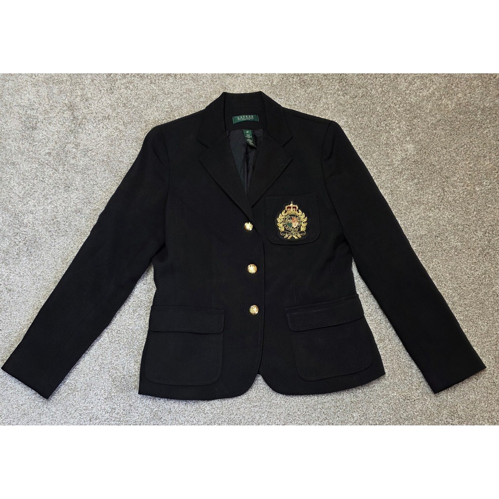 Lauren Ralph Lauren Petite Black 100% Wool Crest Blazer Gold Buttons 8P 307